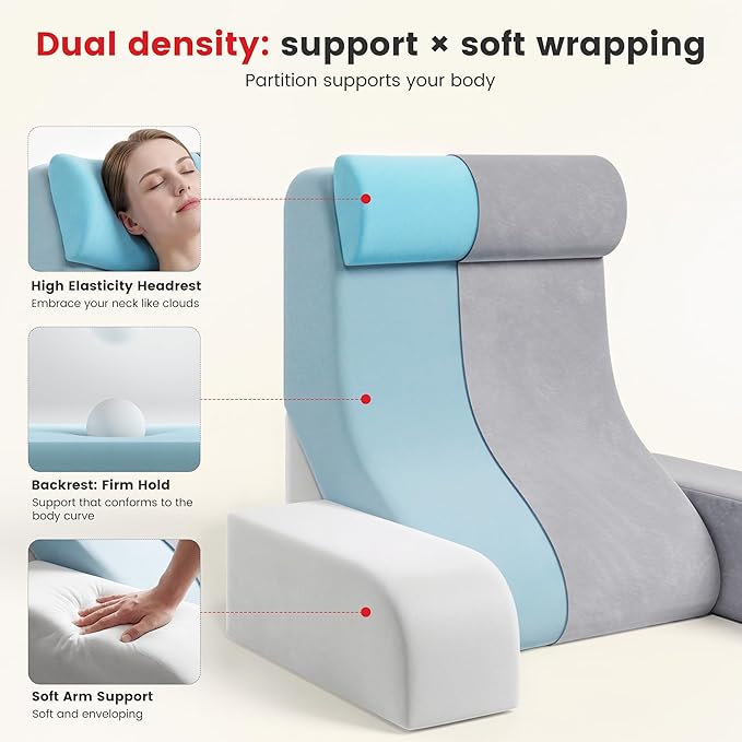 Homkdom Reading Pillow for Sitting in Bed Adult, 20" Back Pillow for Bed Sitting up with Armrests & Storage Pockets, Ergonomic Wedge Pillow for Watching TV, Gaming, Working, Recovery, 5PCS, Light Grey