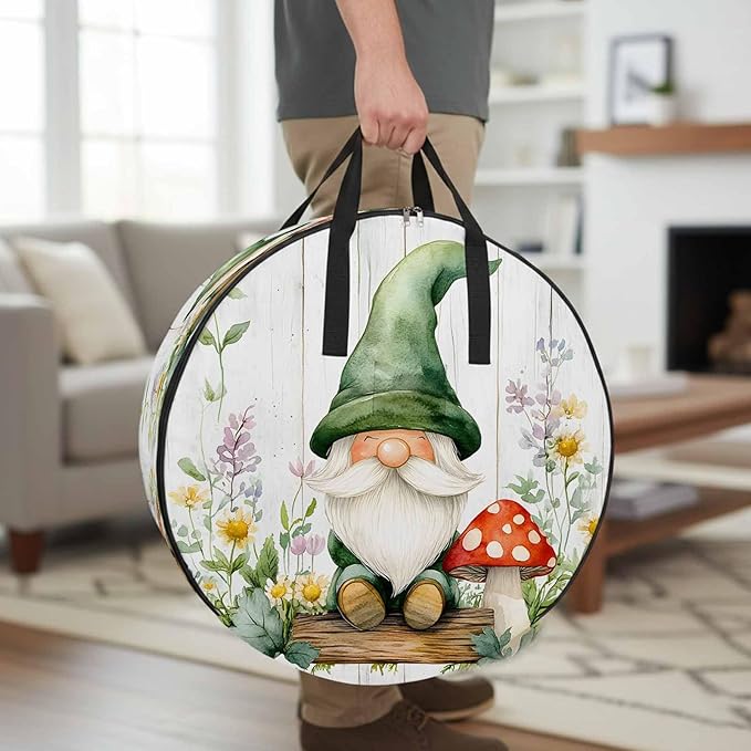 Spring Round Storage Bag 24 Inch, Country Green Gnome Mushroom Floral Retro Wood Grain Clothes Storage Container with Handles Heavy Duty Organizer for Comforter, Bedding & Holiday Wreaths