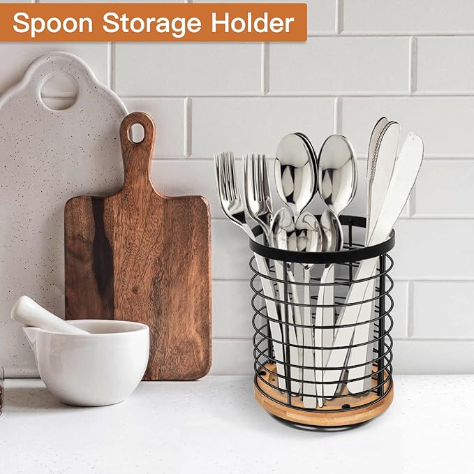 Utensil Holder for Kitchen Counter - 7.2" Large Rotating Utensil Crock, Wooden + Metal Base, Countertop Cooking Tool Spatula Organizer