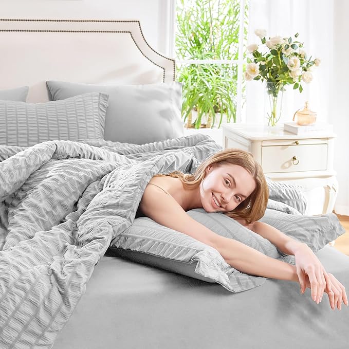 CozyLux Oversized King Comforter Set Light Grey Seersucker 7 Pieces 120x98 Bed in a Bag Comforter Set with Sheets, Light Gray Luxury Bedding Set Down Alternative Comforter, Sheets, Pillowcases & Shams