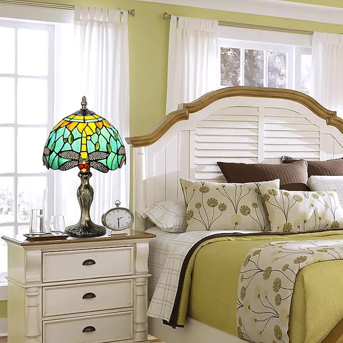 MIAOKE Stained Glass Table Lamp,Stained Glass Crystal Bead Style Table Light,Handmade Desk Bedside Night Light,Antique Art Craft Gifts Living Room Bedroom Bookcase(Water-Rippled Dragonfly)