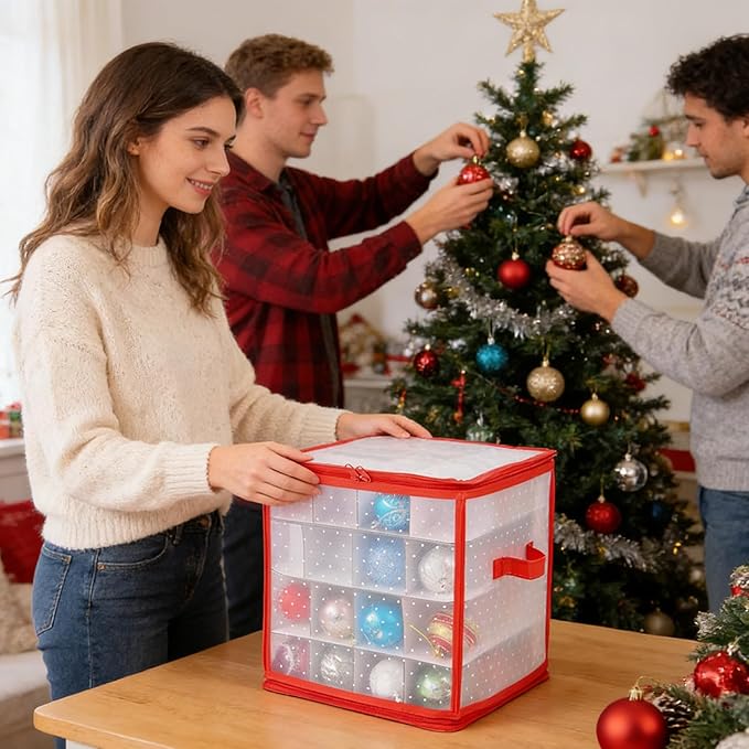 Christmas Decoration Storage | 64-Grids Waterproof Organization - Zippered Decoration Ball Organizer Box | for Under Bed Cabinet Home Basement Apartment Bedroom Garage Attic