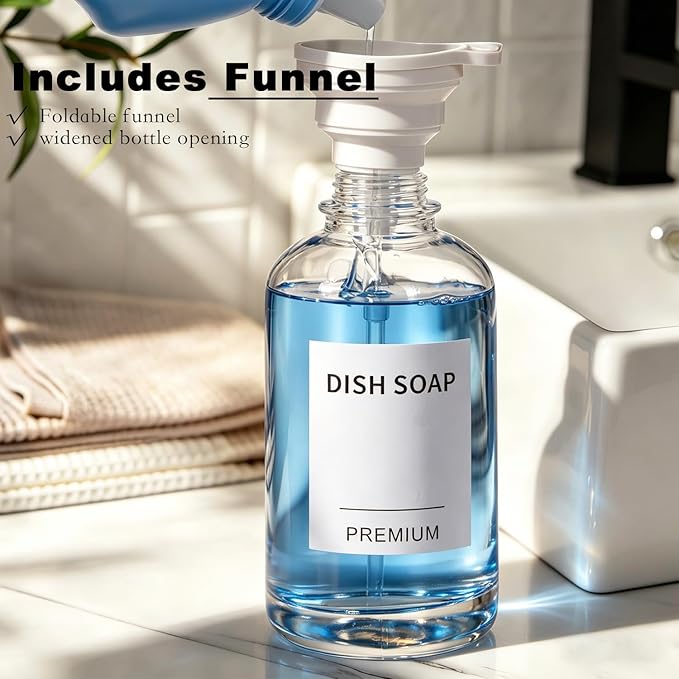 Dish Soap Dispenser for Kitchen, Hand Glass Soap Dispenser Set with Pump, Tray, Funnel for Bathroom, Shower, Laundry, Liquid, Lotion (Silver 2 Pack 18 Oz Clear Bottles with 12 Stickers)