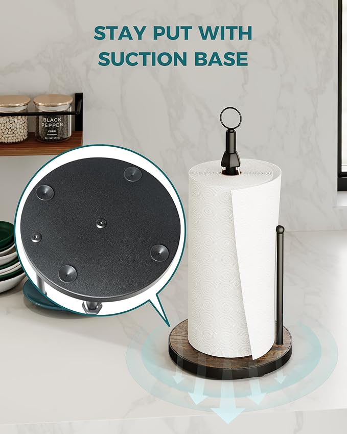 OROPY One-Hand Tear Paper Towel Holder Countertop, Farmhouse Wood Paper Towel Roll Holder with Ratchet Mechanism and Suction Cups fits Standard and Jumbo Size Paper Towels