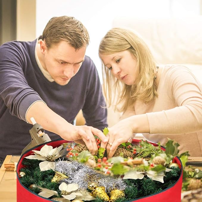 Primode Christmas Wreath Storage Bag 36" - 2 Pack Artificial Wreath Container - Garland Holiday Xmas Wreaths Holder - Sturdy Handles - Inner Straps - Card Slot Dual Zipper Strong Oxford (36 Inch, Red)