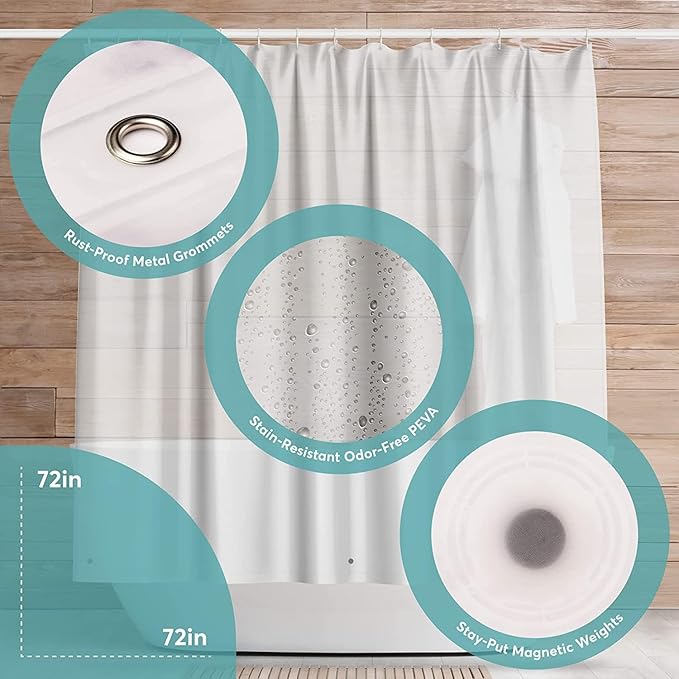 BigFoot Shower Curtain Liner – 72 x 72 PEVA Heavy Duty Shower Curtain with Rustproof Metal Grommet and 3 Magnetic Weights – Odor Free and Compatible with Standard Showers, Frosted