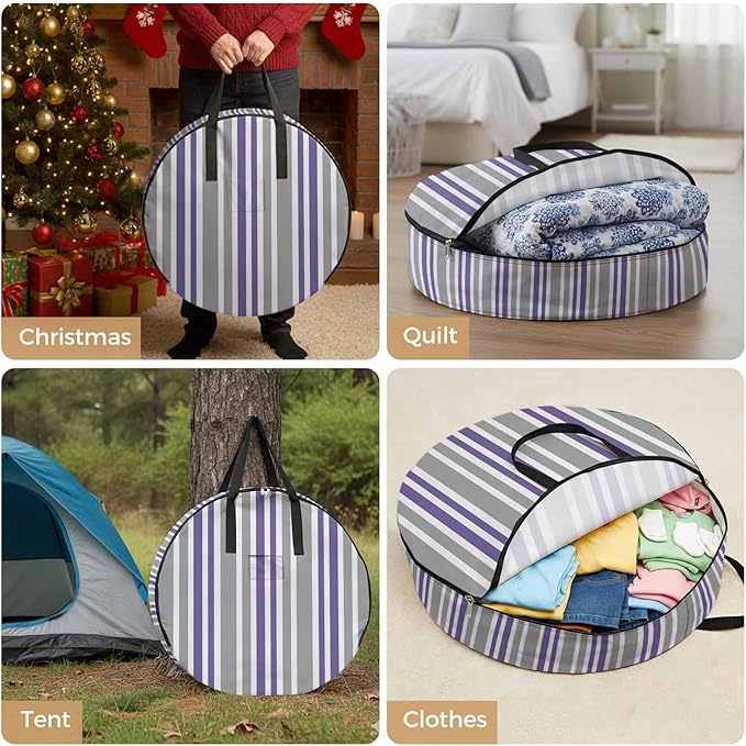 Storage Bag Purple Stripes Round Storage Totes Bins Closet Organizers with Zippers & Handle Grey Striped Lines Clothes Storage Container for Bedroom Dorm Space Saving Packing Supplies Moving Bags