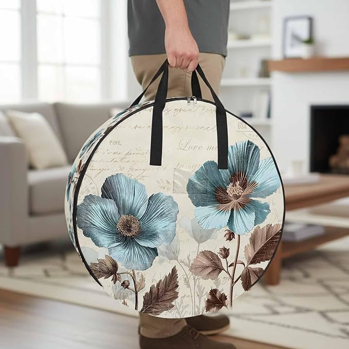 Victorian Style Round Storage Bag 36 Inch, Blue Retro Poppy Flower Plant Clothes Storage Container with Handles Heavy Duty Organizer for Comforter, Bedding & Holiday Wreaths