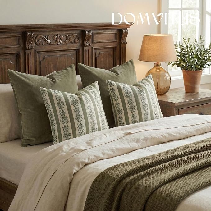 DOMVITUS Floral Throw Pillow Covers 18x18 Inch Set of 2, Block Print Decorative Pillow Covers Vintage Striped Neutral Farmhouse Boho Home Decor for Couch Sofa Bed Living Room, Green