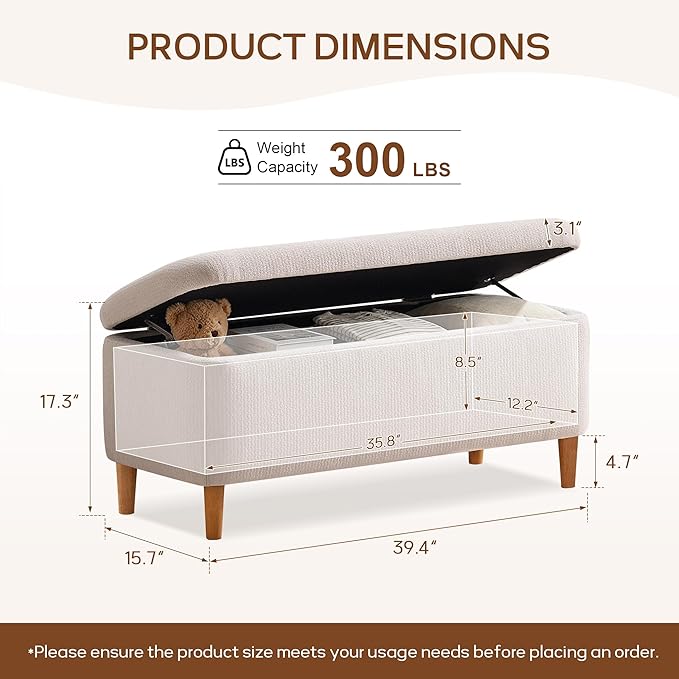 39.4”Ottoman with Storage Set of 2,Upholstered Comfy Storage Bench Ottoman with Wooden Legs,End of Bed Bench Footstool for Hallway Entryway Bedroom Living Room Corner Beige
