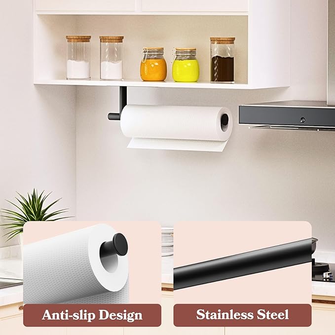Kitchen Paper Towel Holder - Under Cabinet Stick-on Towel Rack for Hanging Paper - First Apartment Essentials Wall Mount Self Adhesive 304 Stainless Steel Rack Fits for Kitchen, RV, Dark Black