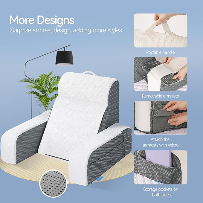 Kayfia Reading Pillow, 10 in 1 Back Pillow for Bed Sitting up with Detachable Arms Rest, Back Rest Pillow with Gel Memory Foam, for Reading/Gaming/Working in Bed or Couch 21'', White