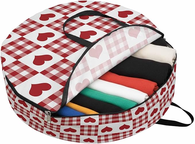 Valentine's Day Round Storage Bag 30 Inch, Red Heart Buffalo Plaid Red White Clothes Storage Container with Handles Heavy Duty Organizer for Comforter, Bedding & Holiday Wreaths