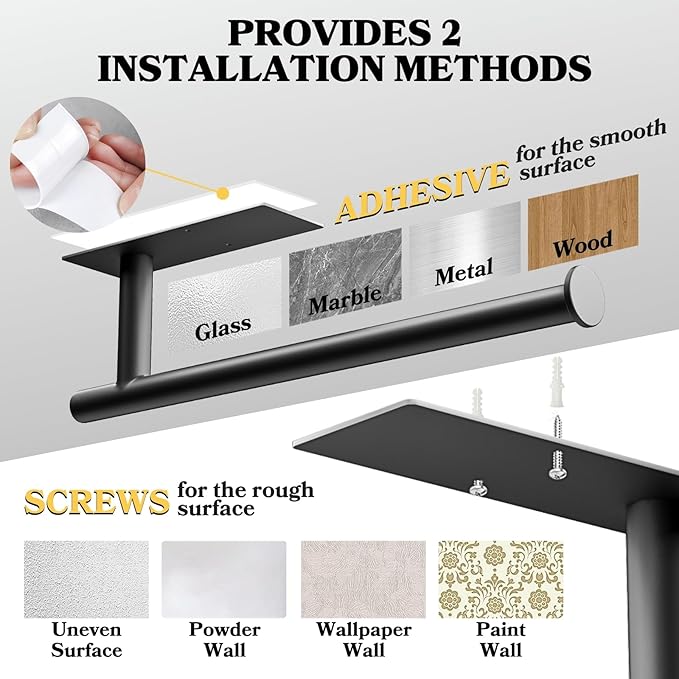 Kitchen Paper Towel Holder - Under Cabinet Stick-on Towel Rack for Hanging Paper - First Apartment Essentials Wall Mount Self Adhesive 304 Stainless Steel Rack Fits for Kitchen, RV, Dark Black