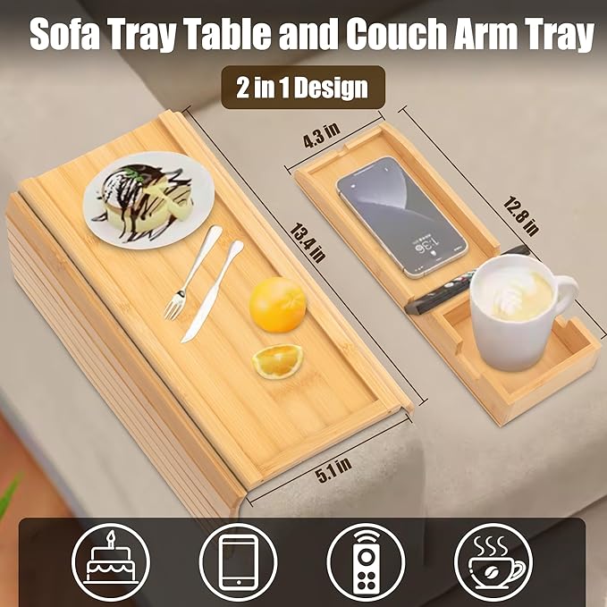 2 Pack Bamboo Couch Cup Holder, Foldable and Anti-Slip Sofa Arm Table with Detachable Sofa Arm Organizer Tray, Portable 2 in 1 Sofa Armrest Tray for Drink, Coffee, Cup, Remote, Snacks, Phone, Glasses