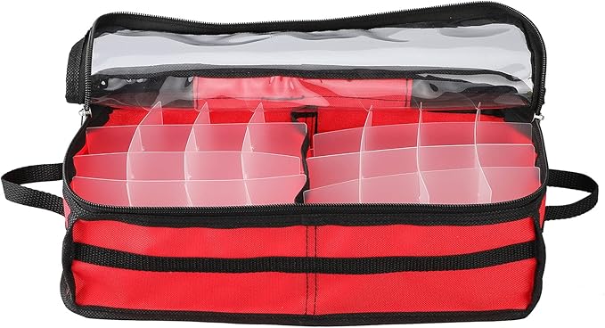 Ornament Storage Box Under Bed 64 Cell Partition 600D Oxford PVC Transparent Window 61x30.5x15cm (Red)