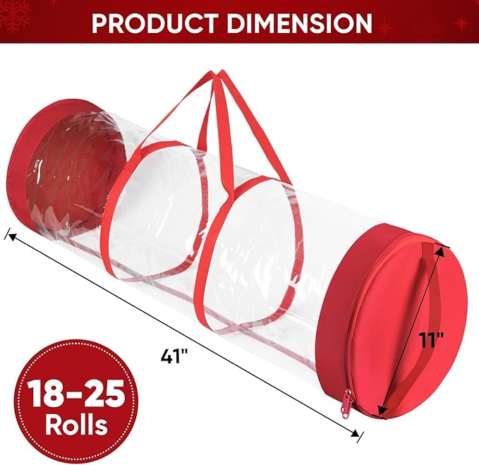 BALEINE Christmas Wrapping Paper Organizer Storage, 41" Gift Wrapping Paper Storage Containers, Clear PVC with Durable 600D Oxford Fabric Gift Wrap Paper Holder Fits 18-25 Rolls, Green