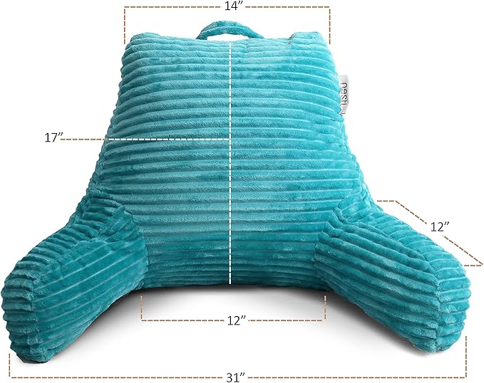 Clara Clark Reading Pillow for Bed Adult – Back Pillow for Sitting in Bed, Standard Plush Bed Pillows for Sitting Up in Bed, Shredded Foam Bed Chair Pillow with Arms and Pockets, Teal Bed Rest Pillow