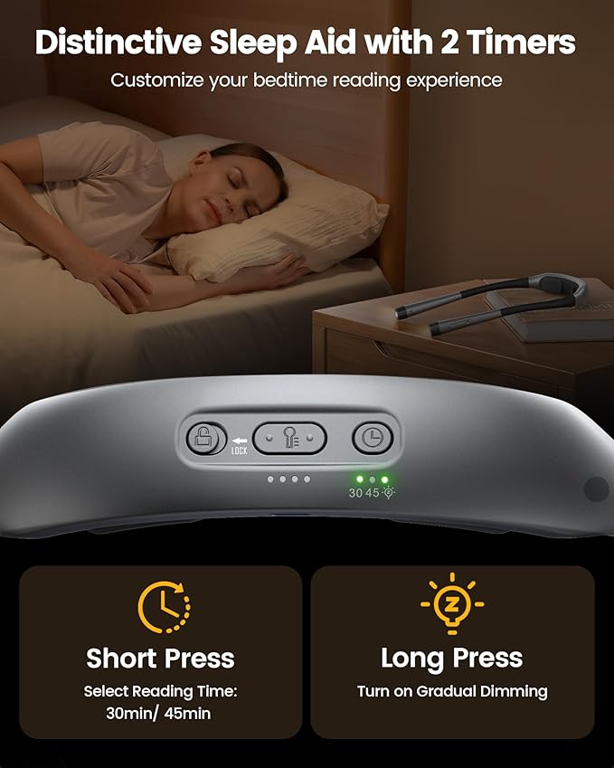 Glocusent Ergonomic Reading Lights for Books in Bed, 1600mAh Rechargeable Book Light, 100 Hrs - 3 Colors & 5 Brightness, Neck Light with Timers, Sleep Aid & Travel Lock