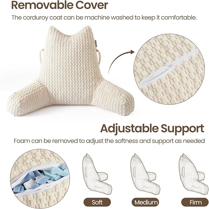 Reading Pillow for Bed Sitting Up, Backrest Pillow with Shredded Memory Foam Filling, Back Support Cushion, Bed Rest Pillow with Arms, Pockets and Washable Cover-Beige