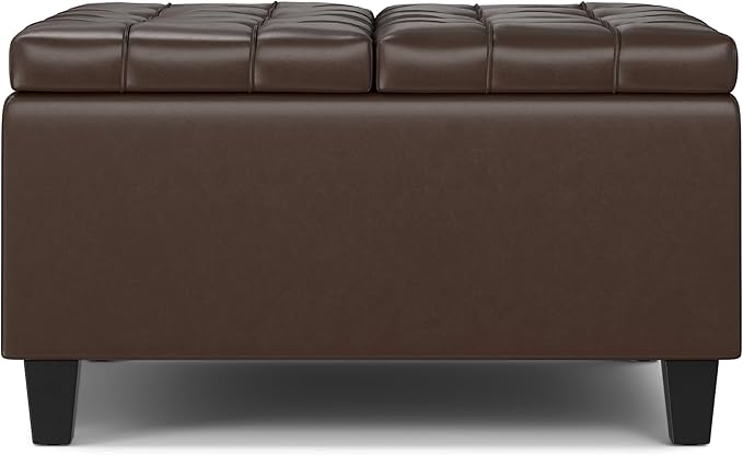 SIMPLIHOME Harrison Small Coffee Table Storage Ottoman - 30 inch Wide Upholstered Vegan Leather Square Lift-Top Ottoman in Chocolate Brown, Transitional Ottoman for Living Room with Hidden Storage