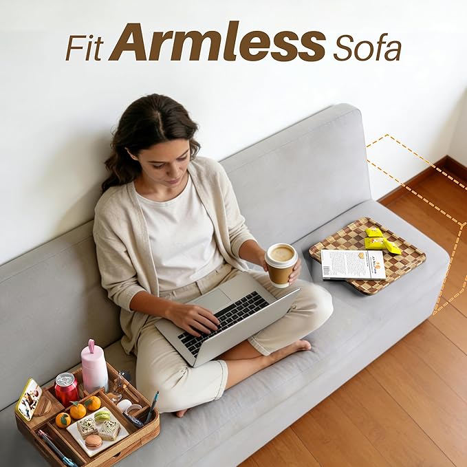 Couch Cup Holder, Checkered Couch Tray Cup Holder Sofa Tray, Acacia Wood Large Capacity 2-Tier Wooden Trays with Drawer for Sofa, Bed, Picnic, Drinks, Snacks, Remote, Cell Phone 12.5 * 12.5 in
