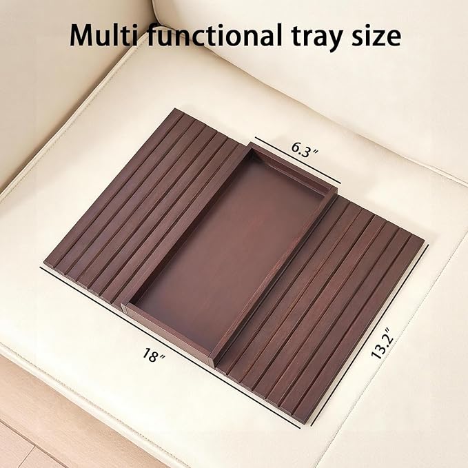 Bamboo Couch Arm Tray Table, Foldable Sofa Rest with Non-Slip Base Portable Armchair Cup Phone Holder for Drinks, Remote, Snacks Fits Most Recliners Couches, Easy-Clean Surface(Mahogany)