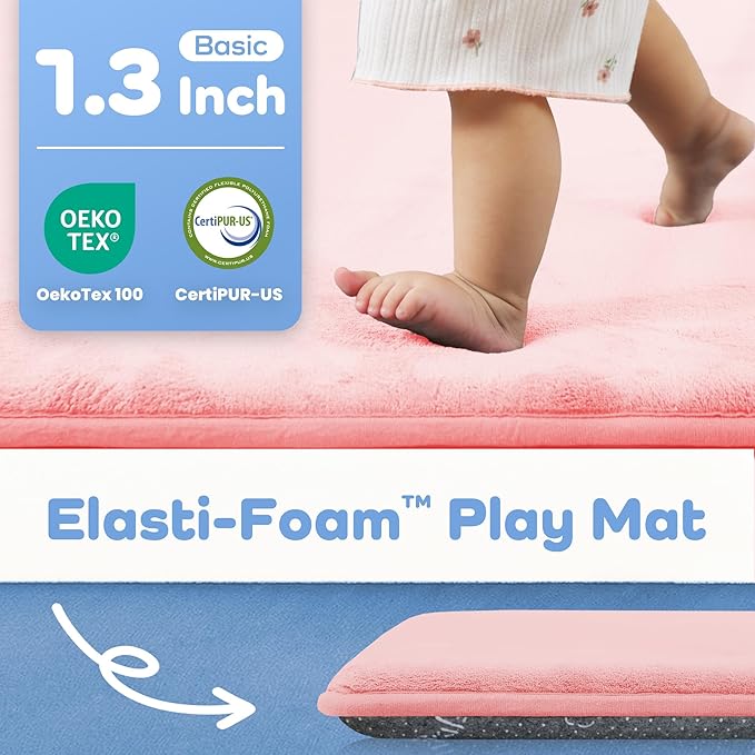 1.3" Thick Baby Play Mat for Floor, 79x79 Playpen Mat, Pro Soft Flannel Foam Mats Toddler Infant Kids Crawling for Nursery Rug Playroom Living Room Waterproof Easy Care Non-Slip (Pink)