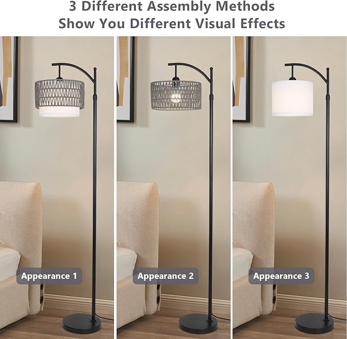 eyassi Floor Lamps for Living Room, Arc Standing Lamp with Remote & Dimmable Bulb, Boho Rattan Floor Lamp for Bedroom with 3 Color Temperatures, Farmhouse Tall Lamp, Height Adjustable Stand up Lamp