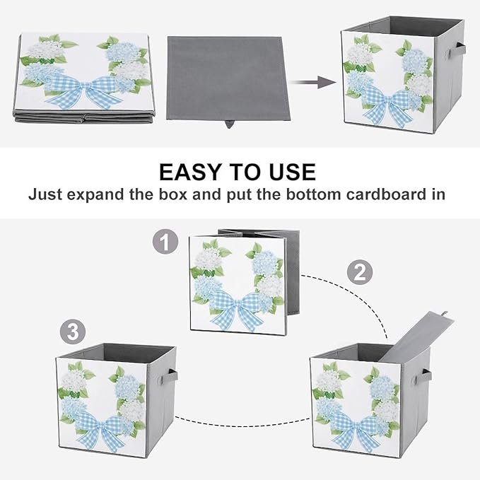 Watercolor White Hydrangea Flowers Wreath Cube Storage Bins Storage Cubes Foldable Decorative Fabric Storage Baskets Home Organizers with Handles for Shelves,Closet, 10.6 X 10.6 Inch