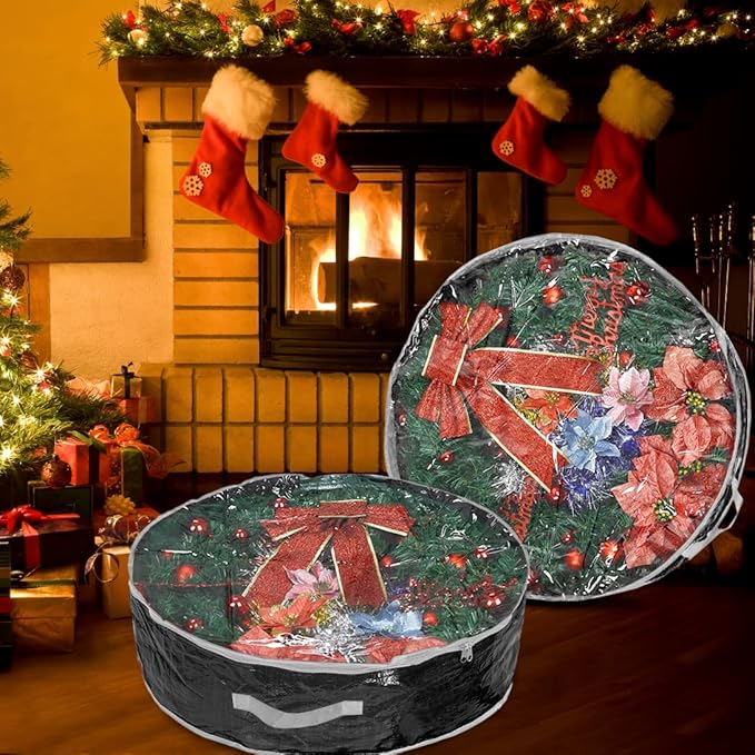 ProPik Christmas Wreath Storage Bag 30" - Garland Holiday Container with Clear Window - Tear Resistant Fabric - 2 Pack (30 Inch, Black)