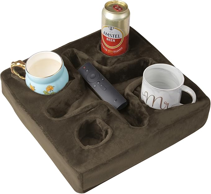 Couch and Bed Cup Holder Pillow, Sofa Refreshment Tray for Drinks/Remote Control/Snacks Holder (Brown)
