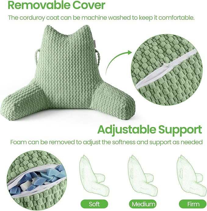 Reading Pillow for Bed Sitting Up, Backrest Pillow with Shredded Memory Foam Filling, Back Support Cushion, Bed Rest Pillow with Arms, Pockets and Washable Cover-Green