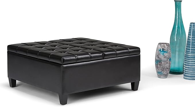 SIMPLIHOME Harrison Coffee Table Storage Ottoman - 36 inch Wide Upholstered Vegan Leather Square Lift-Top Ottoman in Midnight Black, Transitional Ottoman for Living Room with Hidden Storage