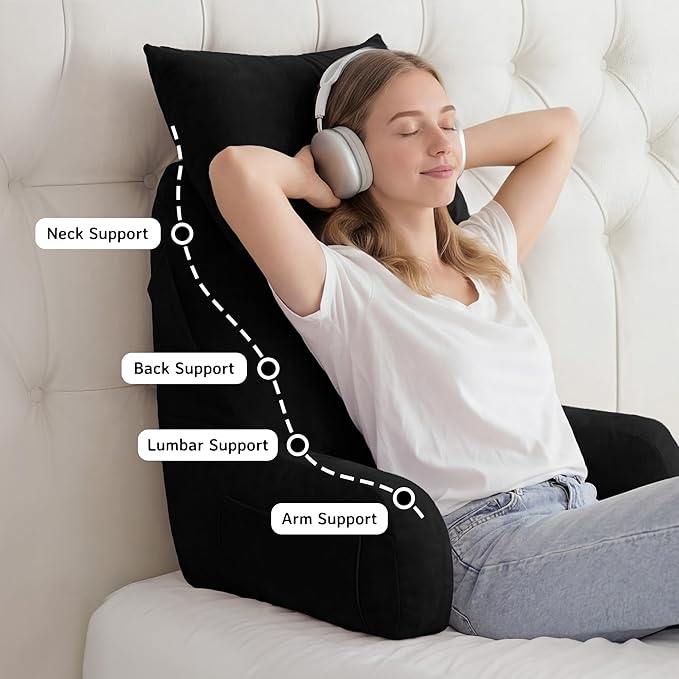 Unisakey Portable Reading Pillows with Headrest for Bed Sitting Up(Black Oeko-Tex), Velvet Back Pillow with Arms & Pockets for Adults, Support Memory Foam Bed Pillow for Dorm/Reading/Watching/Gaming