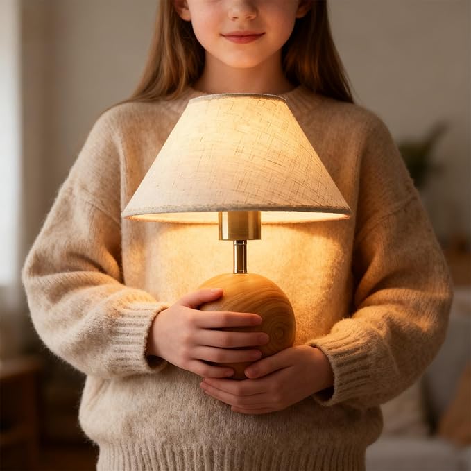 Table Lamp for Living Room,Wood Base Flaxen Fabric Shade Desk Lamp for Bedroom,Small Décor Ambient Bedside Lamps for Night Stands,LED Bulb (not Included) (2 Pack)