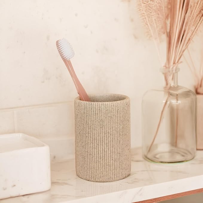 Small Sand Beige Toothbrush Holder for Bathroom Countertop, Modern Boho Aesthetic Vintage Farmhouse Organizer, Pen & Makeup Brush Holder