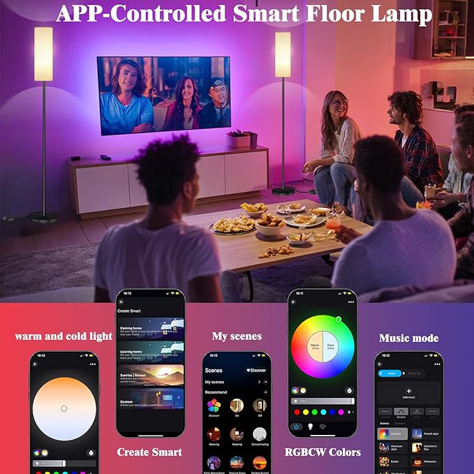 Qaubauyt Smart LED Floor Lamp with APP Control & RGB Colors - Dimmable Standing Lamp for Living Room, Bedroom, Gaming - Remote, Timer, 9W Bulb Included, 67" Modern Tall Lamp (C:Black Beige)