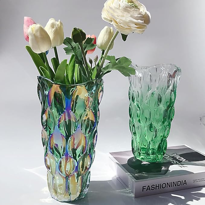 Unbreakable Flower Glass Vase 3.5lb 9.5inch Sparkle vase Bohemian Style, for Centerpieces,Kitchen,Office, Living Room,Wedding,Perfect Home Decor Glass Vase (Gradient Green)