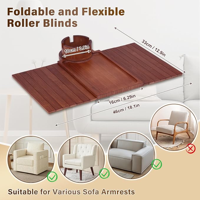 Couch Cup Holder Tray, 3-in-1 Bamboo Couch Armrest Table with 360° Rotating Magnetic and Detachable Phone Holder Stand, Foldable Anti-Slip Sofa Arm Tray for Remote, Phone, Snacks and Drinks