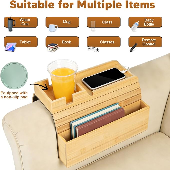 Bamboo Couch Armrest Table Foldable Sofa Arm Tray with Storage, Anti-Slip Cup Holder & Coaster, Splash-Proof Remote Holder for Snacks Phones Tablets TV Tray Couch Caddy Fits Armrests 4.5” and Wider