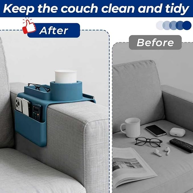 Silicone Couch Cup Holder Tray, 3-Side Sofa Armrest Organizer with Secure Gear-Shaped Locking Holder & Large Tablet Slot, Non-Slip Weighted Armchair Caddy, Couch Accessories (Blue)