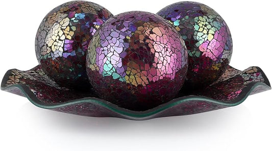 MDLUU Centerpiece Bowl and Balls Set, Mosaic Tray with 3 Pieces Spheres, 12" Decorative Plate with 4" Mosaic Orbs for Home Decor, Gift (Multicolored Purple)