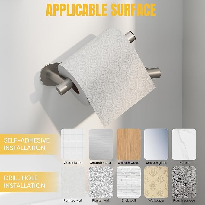 BESy Adhesive or Screw Toilet Paper Holder Wall Mount Rustproof Modern Roll Holder Flexible Pivoting Adjustable Tissue Handle with Self Adhesive or Mounted with Screws Stainless Steel Brushed Nickel