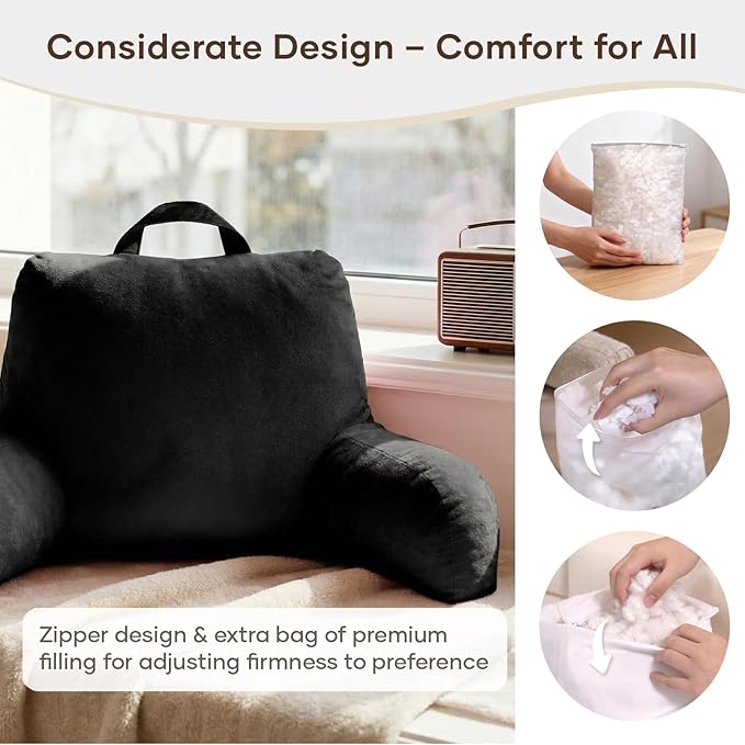 NOONTIDE Reading Pillow for Sitting up in Bed and Couch,Large Back Pillow for Adult & Teens with Soft Adjustable Neck Roll Backrest Pillow,Washable Cover,Watching TV/Gaming/Relaxing(Black)