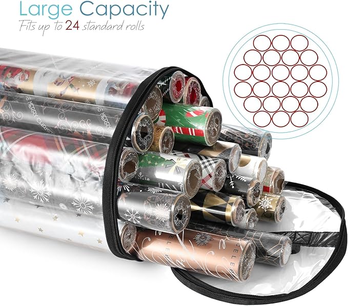 Hearth & Harbor Wrapping Paper Storage Container - Clear Wrapping Paper Holder Fits Up To 14 Rolls of 40" - Tear Proof Gift Wrapping Organizer Storage - Premium Christmas Storage Bag For Easy Carrying