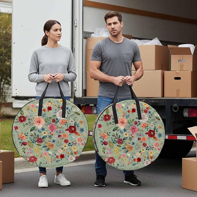 Storage Bag Sage Green Floral Round Storage Totes Bins Closet Organizers with Zippers & Handle Farmhouse Vintage Flower Clothes Storage Container for Bedroom Dorm Space Saving Packing Supplies Bags