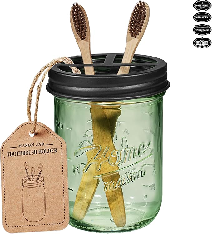 SheeChung Mason Jar Toothbrush Holder, Green Glass Toothbrush Holder for Bathroom Countertop Organizer, Stainless Steel Lid, Electric Toothbrush Toothpaste Holder Storage, Black Bathroom Accessories