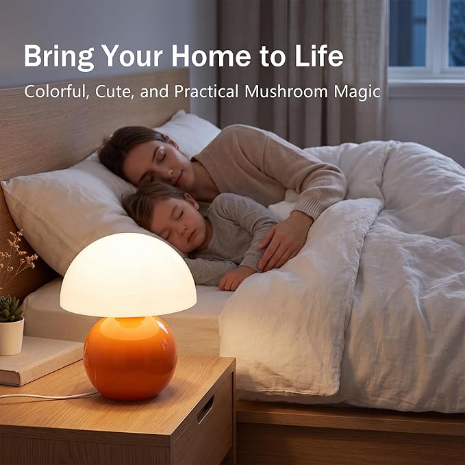 Dawnwake Mushroom Lamp Table Lamp for Bedroom,Desk Bedside Small Lamps for Living Room Night Stands, Cute Mini Modern Mid Century Desk Lamps,Unique Aesthetic Home Living Room Decor(Orange)