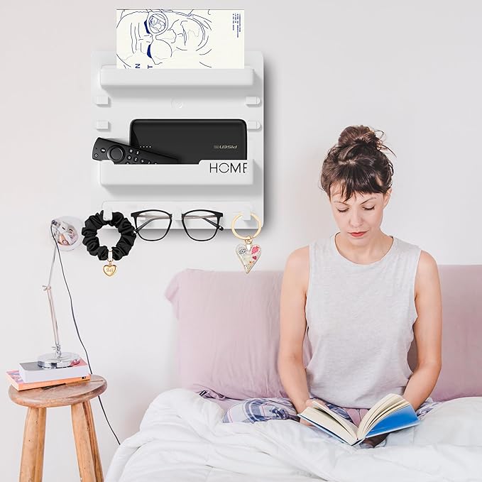 Bedside Wall Mount Organizer,Bedside Wall Shelf Accessories Floating Shelves Stick On for Bedroom Storage Organization,Aesthetic Room Dorm Decor for Girls,Cute Stuff for Teens,5 Hooks-White